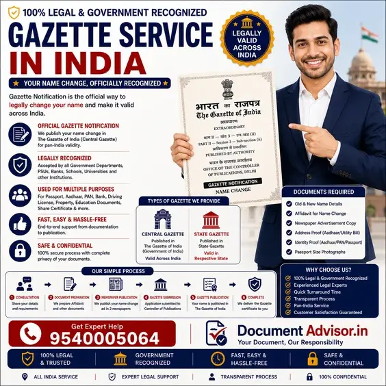 Gazette service in India: affidavit, newspaper notice and Gazette notification prepared by Documentadvisor