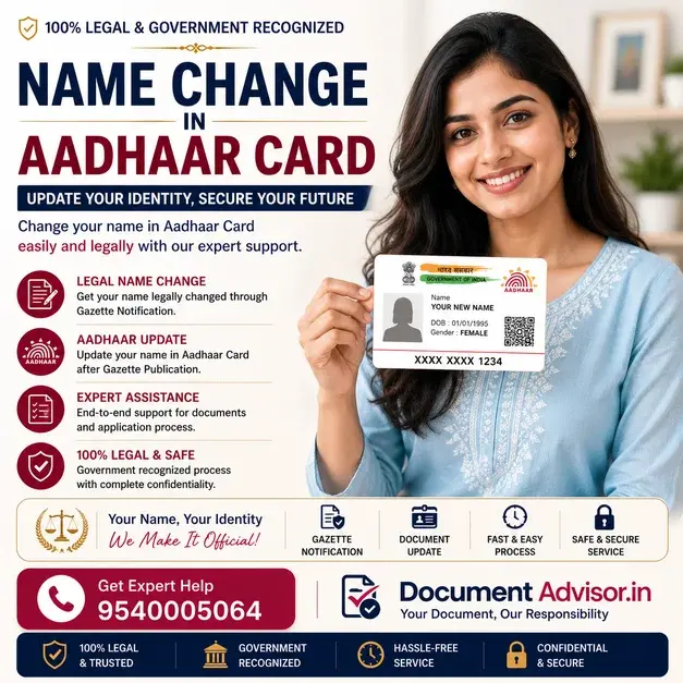 Name change in Aadhaar card: the Aadhaar Enrolment and Update Form with the supporting documents that connect an old name to a new one at a Seva Kendra
