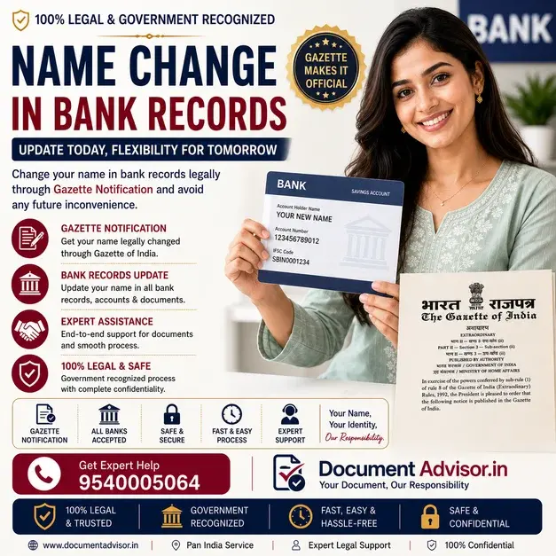 Name change in bank records: the bank's own KYC update form with a marriage certificate and an identity document in the former name, the combination the Reserve Bank rule accepts