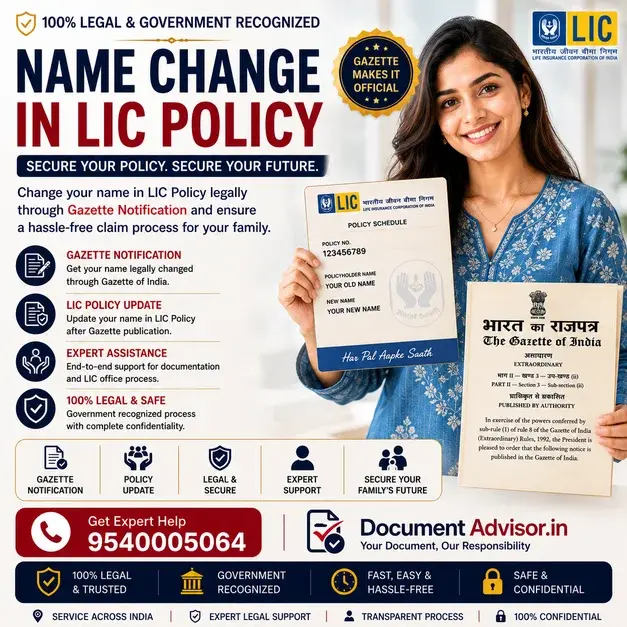 Name change in LIC policy: the original policy bond taken to the servicing branch with the written application and the certificate linking the former name to the new one