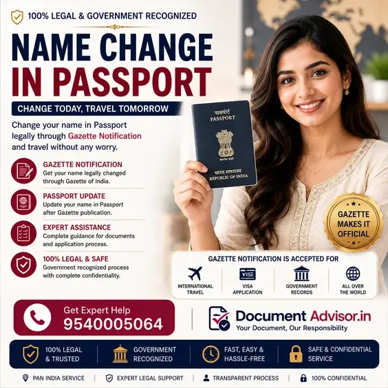 Name change in passport: the reissue application under Change in Existing Personal Particulars with the existing booklet and the documents that prove the change