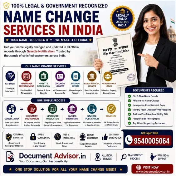 Name change services in India: affidavit, newspaper notice and gazette notification prepared by Documentadvisor