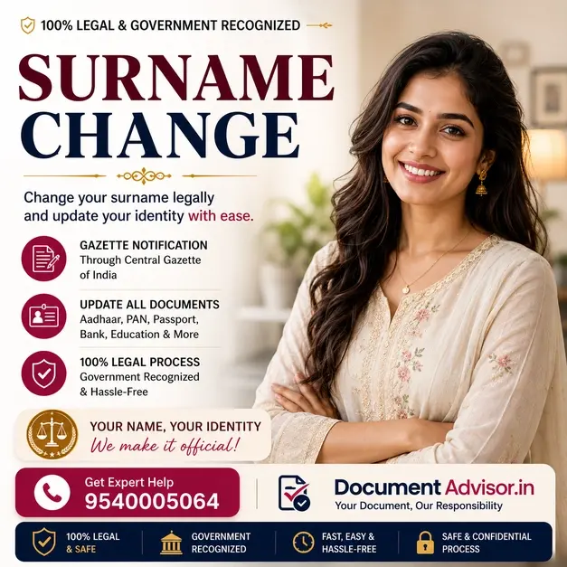Surname change in India: a gazette notification with the Aadhaar, PAN and passport records a surname appears on